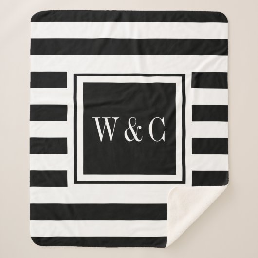 Couverture Sherpa Monogramme élégant Moderne Rayure Noir Blanc (Devant)