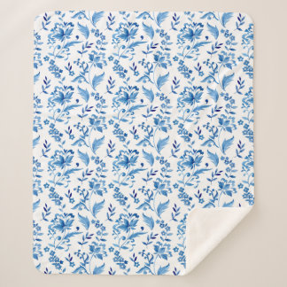 Couverture Sherpa Monogramme Élégant Motif Floral Bleu Vintage
