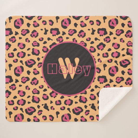 Couverture Sherpa Monogramme Empreinte de léopard rose noir (Devant (Horizontal))