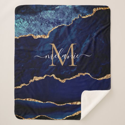 Couverture Sherpa Monogramme en marbre bleu marine Nom Sherpa Blanch (Devant)