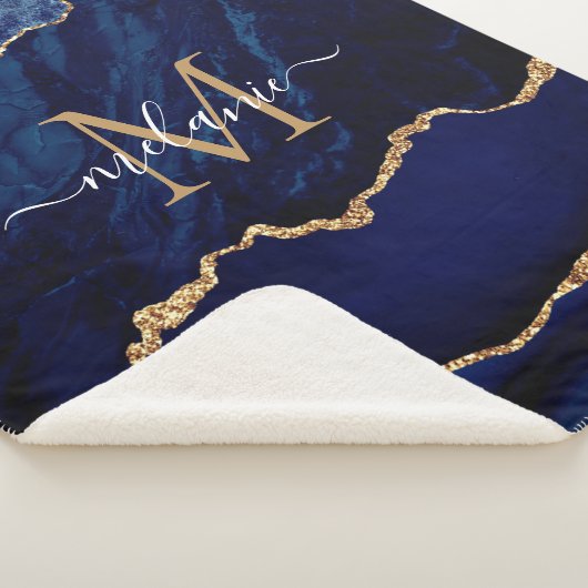 Couverture Sherpa Monogramme en marbre bleu marine Nom Sherpa Blanch (3/4)