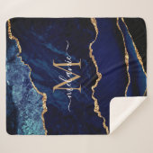 Couverture Sherpa Monogramme en marbre bleu marine Nom Sherpa Blanch (Devant (Horizontal))