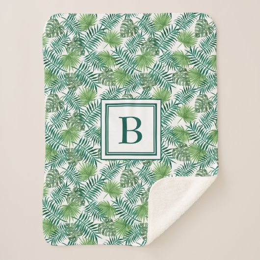 Couverture Sherpa Monogramme Feuille de palme tropicale moderne (Devant)