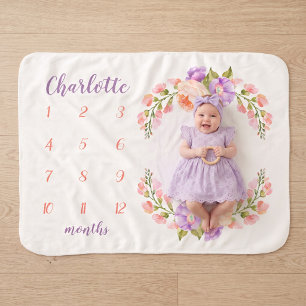 Couverture Sherpa Monogramme Floral Aquarelle pour Photo de Bébé Éta
