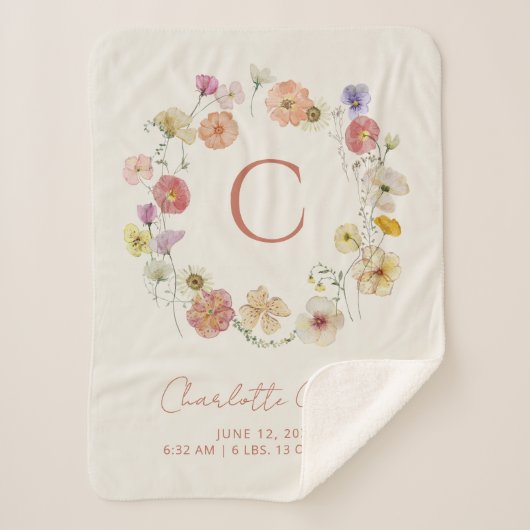 Couverture Sherpa Monogramme Floral Wreath Aquarelle Statistiques de (Devant)