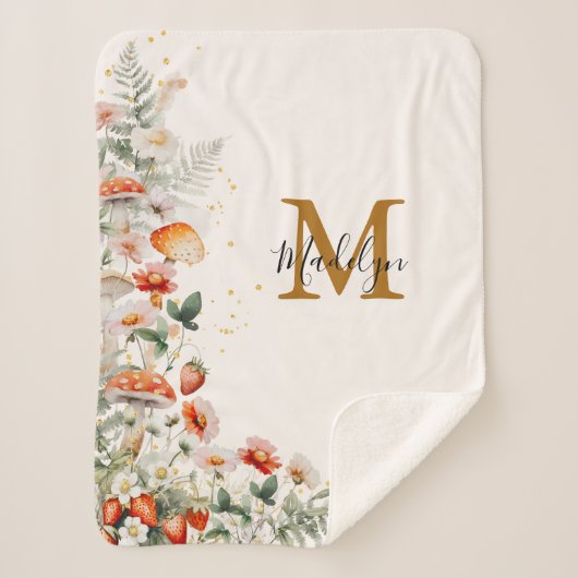Couverture Sherpa Monogramme Forêt Champignons Fleurs Florales botan (Devant)