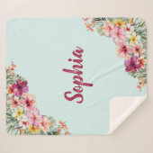 Couverture Sherpa Monogramme Hibiscus rose Fleurs tropicales florale (Devant (Horizontal))