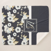Couverture Sherpa Monogramme Marine Bleu Blanc Floral Décor Anémone (Devant (Horizontal))