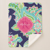 Couverture Sherpa Monogramme Marine et rose Boho Paisley (Devant)