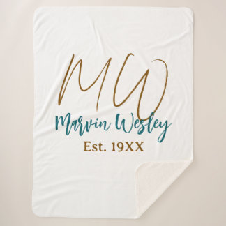 Couverture Sherpa Monogramme marron bleu turquoise année simple mini