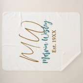 Couverture Sherpa Monogramme marron bleu turquoise année simple mini (Devant (Horizontal))