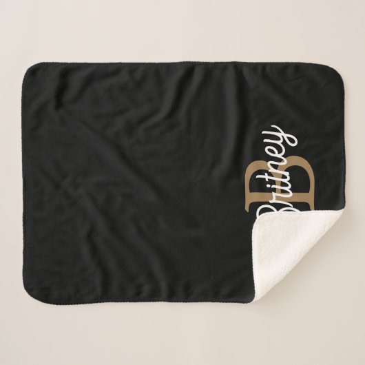 Couverture Sherpa Monogramme moderne élégant Nom Black Gold Script (Devant (Horizontal))