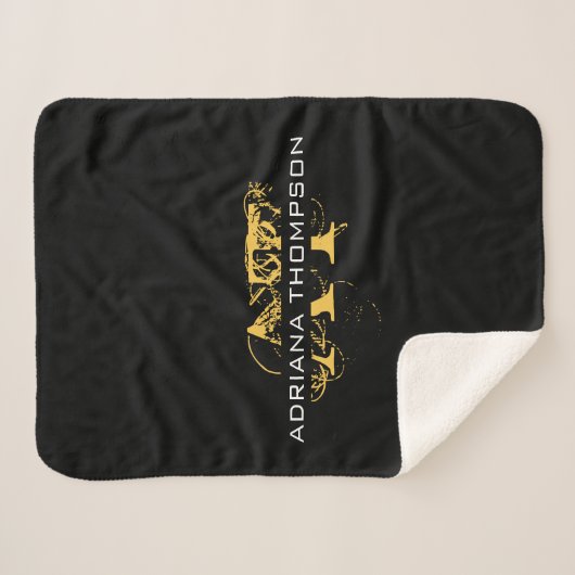 Couverture Sherpa Monogramme moderne en noir et or (Devant (Horizontal))
