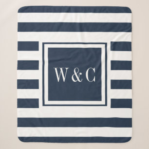 Couverture Sherpa Monogramme Moderne Rayure Bleu Nuit Blanc
