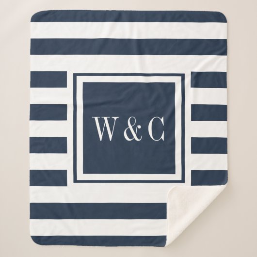 Couverture Sherpa Monogramme Moderne Rayure Bleu Nuit Blanc (Devant)