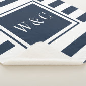 Couverture Sherpa Monogramme Moderne Rayure Bleu Nuit Blanc (3/4)
