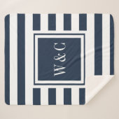 Couverture Sherpa Monogramme Moderne Rayure Bleu Nuit Blanc (Devant (Horizontal))
