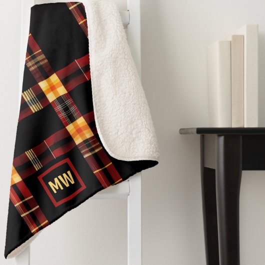 Couverture Sherpa monogramme moderne rouge plaid, jaune brun