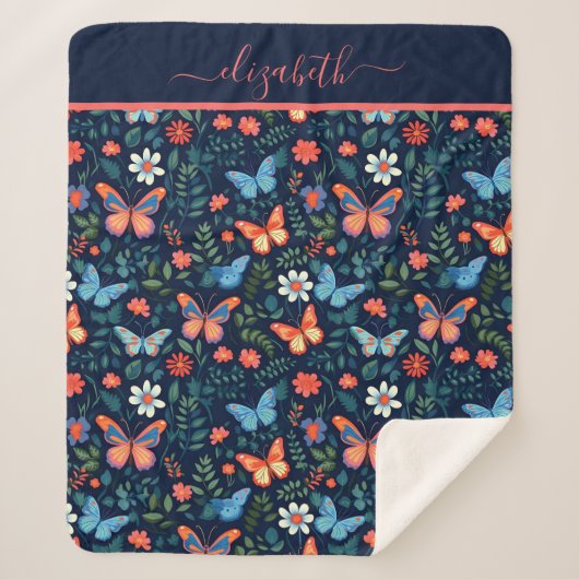 Couverture Sherpa Monogramme Nom Bleu Nuit Rose Pêche Papillon (Devant)