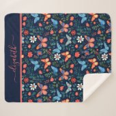 Couverture Sherpa Monogramme Nom Bleu Nuit Rose Pêche Papillon (Devant (Horizontal))
