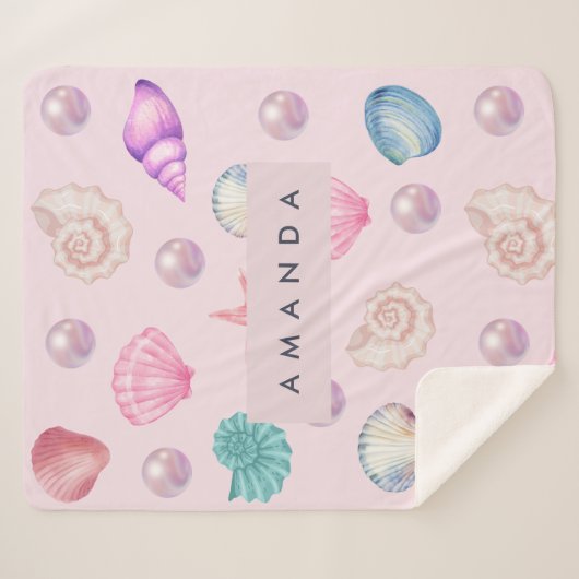 Couverture Sherpa Monogramme personnalisé Coastal Seashell Pearl Océ (Devant (Horizontal))