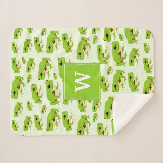 Couverture Sherpa Monogramme personnalisé Cute Green Tree Frog Motif (Devant (Horizontal))