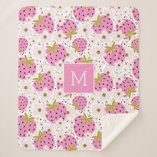 Couverture Sherpa Monogramme personnalisé de fraises roses (Devant)