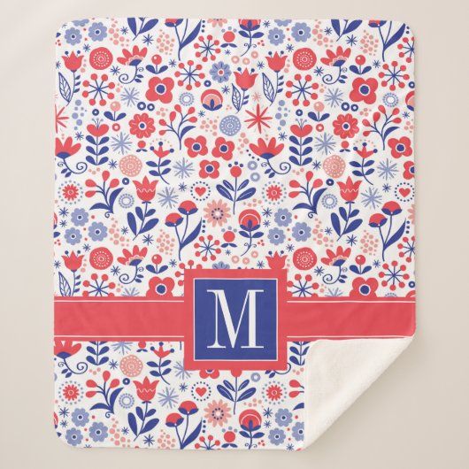 Couverture Sherpa Monogramme| Plan floral bleu et corail (Devant)