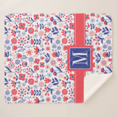 Couverture Sherpa Monogramme| Plan floral bleu et corail (Devant (Horizontal))