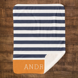 Couverture Sherpa Monogramme rayures bleu marine et orange Couleur
