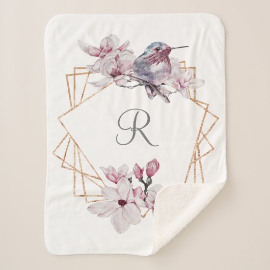 Couverture Sherpa Monogramme rose blanc Magnolias Bird Gold Frame (Devant)