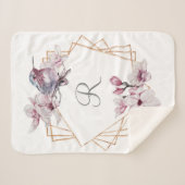 Couverture Sherpa Monogramme rose blanc Magnolias Bird Gold Frame (Devant (Horizontal))