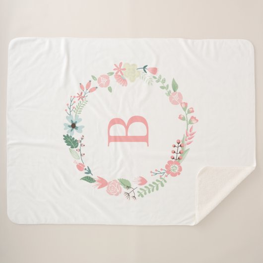 Couverture Sherpa Monogramme rose couronne florale (Devant (Horizontal))