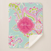 Couverture Sherpa Monogramme rose et menthe Boho Paisley (Devant)