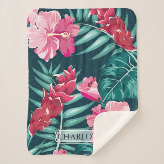 Couverture Sherpa Monogramme rose Fleurs Exotiques (Devant)