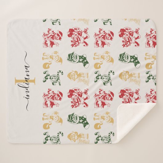 Couverture Sherpa Monogramme Script Elfes de vacances Motif Vert Or (Devant (Horizontal))