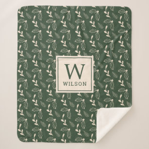 Couverture Sherpa Monogramme vert de la forêt et beige Nom Noël