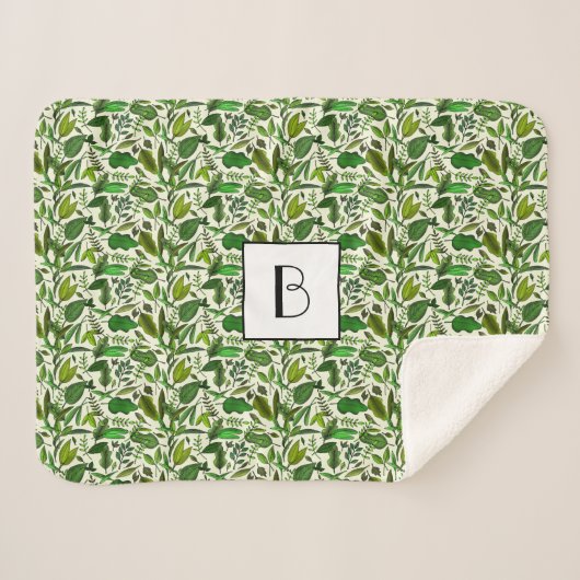 Couverture Sherpa Motif botanique vert monogramme moderne (Devant (Horizontal))