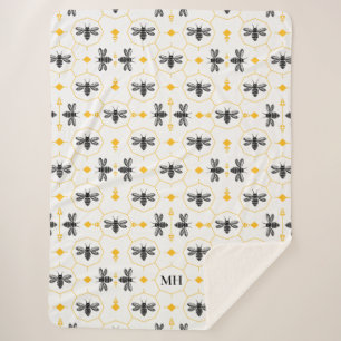 Couverture Sherpa Motif d'abeille élégant jaune monogramme noir mode