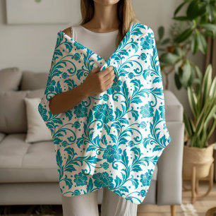 Couverture Sherpa Motif damassé floral turquoise et blanc