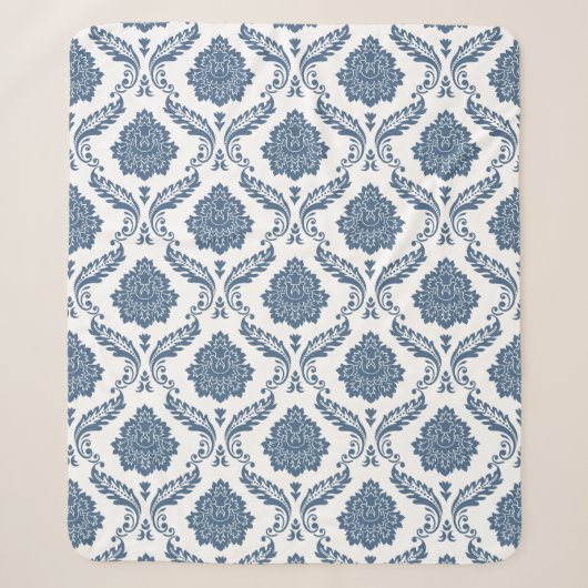 Couverture Sherpa Motif Damassé Rococo Bleu sur Fond Blanc (Devant)