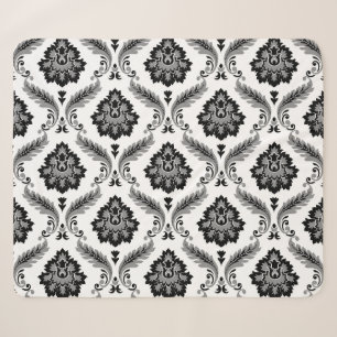 Couverture Sherpa Motif Damassé Rococo Gris Noir Blanc