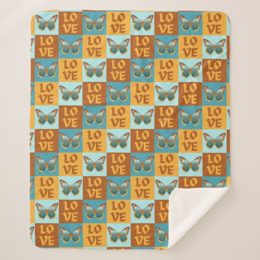 Couverture Sherpa Motif d'amour papillon | Dégradé bleu et orange (Devant)