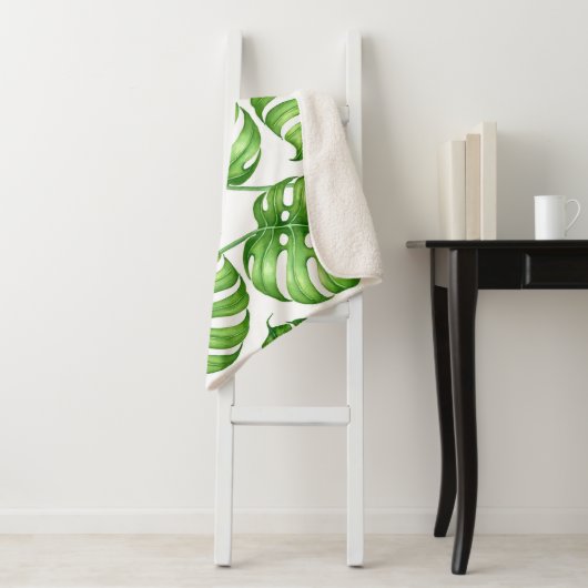 Couverture Sherpa Motif d'aquarelle Monstera (En situation)
