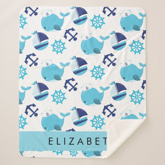 Couverture Sherpa Motif De Baleines, Baleines Bleues, Votre Nom (Devant)