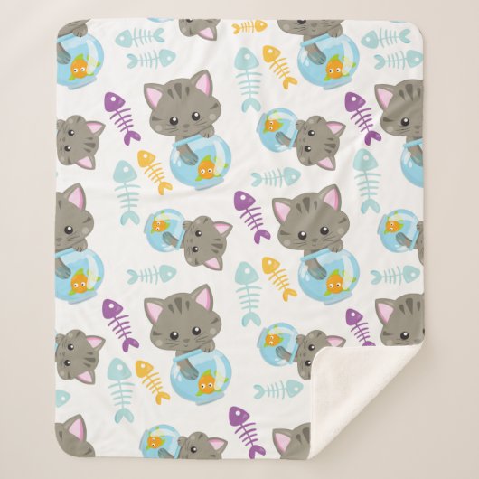 Couverture Sherpa Motif De Chats, Chats Mignons, Chatons, Poisson (Devant)