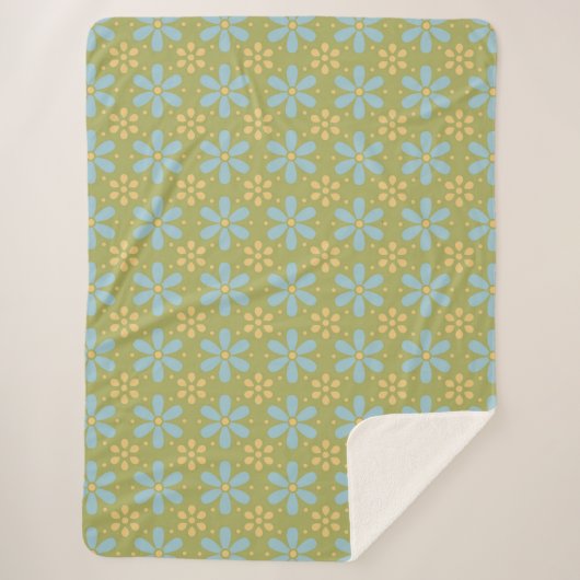 Couverture Sherpa Motif de fleurs bleues et jaunes Abstraites rétros (Devant)