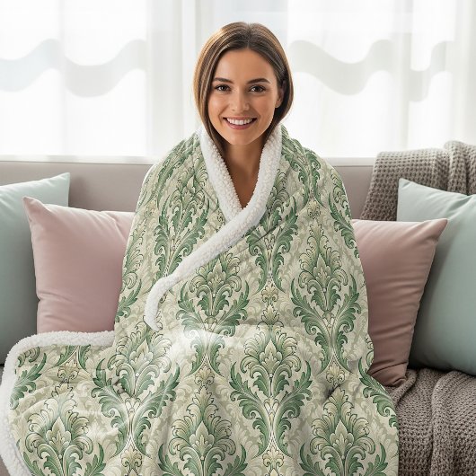 Couverture Sherpa Motif de fleurs botaniques vintage vert et beige