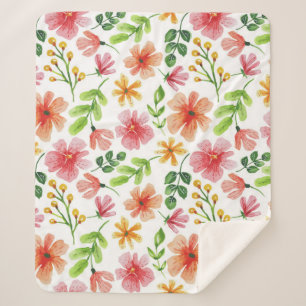 Couverture Sherpa Motif de fleurs roses à l'aquarelle