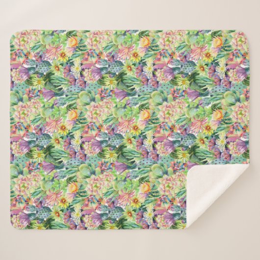 Couverture Sherpa Motif de floraison exotique de cactus d'aquarelle (Devant (Horizontal))